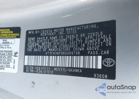 2006 Toyota Camry Solara Se from USA, damaged, VIN 4T1FA38P96U089798